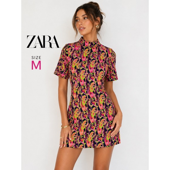 Zara Dresses & Skirts - ZARA Pink Green Psychedelic Paisley Mock Neck Mini Shift Dress Womens Medium